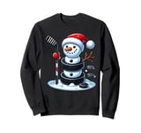 Cartoon Ice Hockey Puck Snowman with Santa Hat Christmas Sweatshirt