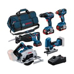 Bosch - Pack 5 outils 18V 0615A5003D (gsr 18V-55 + gst 18V-125 s + gks 18V-57-2 + gsa 18V-28 + gdx 18V-200) 0615A5003D