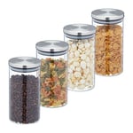 Relaxdays Jars in Set of 4, 1000 ml Capacity, Steel Airtight Lids, Dry Food Storage, Glass, Transparent/Silver