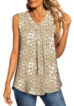 Aodemo Women's Vests Summer Ladies Pleated Tops Blouses Shirts Loose Sleeveless Tank Top Chiffon Vest for Work L, Leopard Beige