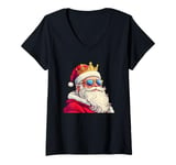 Womens Royal Santa Face with Cool Sunglasses and Crown V-Neck T-Shirt