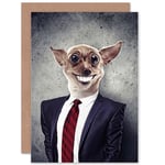Dog Wearing Suit Chihuahua Smile Funny Greetings Card Plus Envelope Blank inside