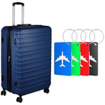 Amazon Basics Valise de Voyage à roulettes pivotantes, Bleu Marine, 78 cm & Brencco 4 Étiquettes à Bagages en Aluminium avec Carte pour informations personnelles, Résistantes à la saleté