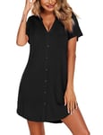 Ekouaer Chemise de Nuit Femme Ete Sexy Col en V Robe Boutonnée Devant Femme Pyjama Grande Taille, Noir, XXL