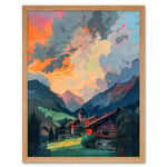 Small Village in the Alps Atmospheric Clouds Over Cabins at Dawn Modern Watercolour Painting Art Print Framed Poster Wall Decor 12x16 inch