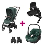 Maxi Cosi Pack poussette duo Léona 2 + pebble 360 pro essential green base familyfix