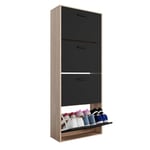 CASABEL Meuble de Rangement à Chaussure 24 Paires - Grande Capacité pour Entrée - L60xP24xH150 cm - Portes Noires Cadre Bois Clair