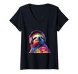 Womens Funny sloth with headphones pop art colorful Graphic V-Neck T-Shirt