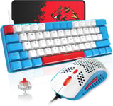 T60 Ensemble Clavier et Souris de Jeu Filaire, Clavier Mécanique 60% Mini 62 Touches, 19 Lumières Arc-en-Ciel, UK Layout + Souris de Jeu PS4 6400 DPI + Tapis de Souris pour PC,Mac - Switch Red/Bleu