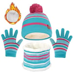 JFAN 3 en 1 Chaud Tricot Bonnet Enfant Hiver Chapeau Echarpe Gants Ensemble Lot de 3 Motifs Rayures Mignonne Multicolore Ski Cap Taille unique Bleu Pâle