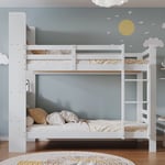 Lit superposé blanc, 90 x 200 cm, lit enfant en bois avec échelle, lit superposé avec étagères, cadre en bois massif, lit de rangement en bois pour