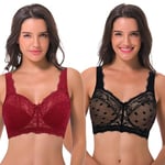 Curve Muse Femmes Grande Taille Minimiseur Dentelle Couvrance Totale Non-doublé Soutien-Gorge sans Fil-Paquet de 2-Rouge,Noir-100F/EU 85F