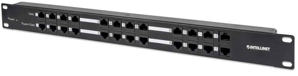 Intellinet PoE Patch Panel, 24 Port Patch Panel with 12 port RJ45 Data In and 12 port RJ45 Data and Power Out, Passive Power over Ethernet Delivered on 12 Ports, 1U, CAT5e