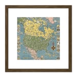 1945 Ernest Dudley Chase Pictorial Map North America 8X8 Inch Square Wooden Framed Wall Art Print Picture with Mount