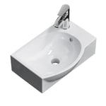 EMKE Lavabo Suspendu 405 x 280 x 140 mm – Lavabo Compact et Élégant pour Petites Salles de Bain et WC Invités – Robinet à Droite, Installation Murale, Blanc Brillant