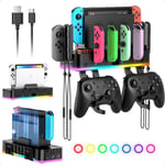 Led Support Mural Pour Nintendo Switch/Oled&joycon,Chargeur Pour Switch Console Et Manette,Avec 15 Modes D'éclairage Et 4 Ports Usb, 2 Crochets