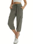 fuinloth Pantacourt Femme été Cargo Randonnée Chic Cordon Pantalon 3/4 avec Quatre Poches Vert S 36-38