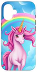 iPhone 16 Colorful Unicorn in Clouds with Bright Rainbow Case