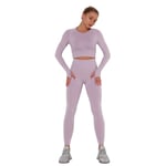 Bingtao Ensembles de Yoga,Ensembles de Yoga pour Femmes sans Couture, 2 pièces côtelées, Haut à Manches Longues et Leggings Taille Haute, Ensemble de vêtements de Sport pour Femmes,Light Purple,S