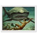 Painting Shark Attack Octopus Diver Spear Adventure Underwater Artwork Framed Wall Art Print A4