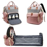 Fexkean Sac à Dos à Langer pour Bébé, Sac à Dos Pour lit bébé, Sac à langer de voyage portable avec lit pliable Grande Capacité Sac à Couches Multifonction Imperméable-(Pink&Grey)