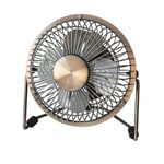 Mini ventilateur de bureau Bulería 2,5 W, 5 V. Design en bronze, dimensions 14,8 x 14,2 x 7,6 cm. Orientable et alimenté par port USB. Idéal pour rafraîchir votre espace.