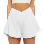 Friptspyg Shorts Sport pour Femmes Courtes V Cross Shorts de Sport Taille Haute Shorts de Course 2-en-1 Shorts de Running D'été Tennis, Blanc M