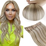 RUNATURE Extension a Clip Cheveux Naturel lisse Extension Cheveux Humain a Clip Brun Clair avec Blond Platine Extension Cheveux Naturelles Clip Blond 10 Pouces/25cm 3 Pièces/50g #8P60