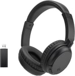 Casque FM Over-Ear sans fil, casque Bluetooth sans fil pour regarder la télévision, le téléphone et le PC, pas de retard audio, casque Bluetooth avec basses profondes, casque stéréo HiFi léger - Noir