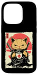 Coque pour iPhone 14 Pro Kawaii Samurai Cat Drinking Coffee, Ninja Cat for Cats Lovers