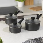 Set of 3 Non Stick Saucepan Russell Hobbs Pearlised Cookware Pan Pot Kitchen