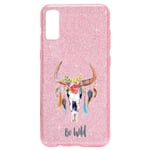 Coque Iphone XR paillettes rose Skull Bull plumes