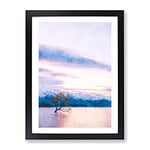 Lone Tree In New Zealand Painting Modern Framed Wall Art Print, Ready to Hang Picture for Living Room Bedroom Home Office Décor, Black A4 (34 x 25 cm)