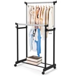 Multigot Garment Rack, Single Adjustable Rod Freestanding Clothing Metal Rack, Telescopic Mobile Double Rails Clothes Hanging Stand with Lower Storage Shelf for Bedroom and Living Room (Double Rails)