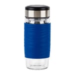 EMSA Tea Mug verre Bleu 0,4 L, Verre double paroi haute qualité, Manchon silicone, Infusion parfaite du thé, Filtre 2-en-1, 100 % étanche, 100 % sûr N2080500