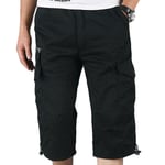 Herr 3/4 Lång Längd Elastiska Shorts Midja Cargo Combat Tre Kvarts Byxor Black L