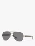 Gucci GG0528S Men's Aviator Polarised Aviator Sunglasses, Silver/Grey