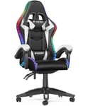 bigzzia RGB Gaming Chair with LED Lights and Ergonomic Computer Chair Reclining PU Leather High Back Video Game Chair with Headrest Adjustable Lumbar Support Linkage Armrest for Adults (Black/White)