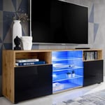 Meuble TV Urbino Komodee - LED bleues - Noir Brillant et Bois Naturel - Facades en Brillant - 140 x 53 x 35 cm