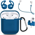 étui écouteurs en Silicone pour AirPods 1/2 Housse de Protection 6en1 avec Corde Anti-Perte, Boucle Anti-Pendaison et Manchon Bouchon d¿Oreille (Bleu)