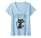 Womens Funny Angry Cat Coffee Mug With Sayings, Black Cat Coffee V-Neck T-Shirt