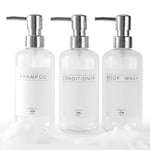 Janxin Shampoo and Conditioner Dispenser Set of 3,Modern Refillable 16oz Shampoo and Conditioner Bottles with Pump,Stylish Shower Soap Dispenser with Waterproof Labels for Bathroom(Clear)