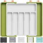 Lifewit Range Couverts, Plateau d'Ustensiles Extensible pour Tiroir, Organisateur de Tiroir Réglable pour la Cuisine, Rangement Compact en Plastique pour Cuillères, Fourchettes, Vert et Blanc