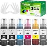 114 Encre Compatible avec Epson 114 Bouteille d'encre Multipack pour EP ET-8500 ET-8550(6 Pack PBK/BK/C/M/Y/GY)(Q1445)