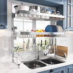 MAJALiS Over The Sink Dish Rack, 3 Tier 304 Stainless Steel Large Dish Drying Rack, Adjustable Width Over Sink Drainer Rack with Utensils Holder and 10 Hooks (Sliver, 25.5"-35.5")