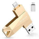 Patianco Cle USB pour iPhone,Apple MFI Certifié Cle USB Stockage 256Go USB 3.0 Transfert Grande Vitesse Clé USB Photostick pour Lightning,iPad,Type C-iPhone,Smartphone,PC(256Go,Or)