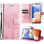 Oududianzi-Coque pour Samsung Galaxy A14 4G / 5G [2X Verre Trempé] Étuis Rabat Folio Protection Housse Cuir PU Portefeuille Silicone [Fermeture Magnétique][Emplacements Cartes][Stand Feature]-Rose