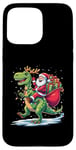 Coque pour iPhone 15 Pro Max Costume de pyjama Père Noël chevauchant dinosaure T rex cerf lumières de Noël