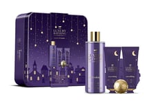 Kosmetiikkasetti The Luxury Bathing Company Sweet Dreams Lavender: suihkugeeli, 250 ml + käsien ja kynsien voide, 50 ml + vartalovoide, 50 ml + kylpypallo, 50 g + vartalon kuorintasieni