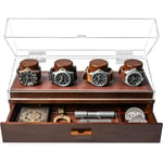 Holme & Hadfield The Watch Deck Pro : conçu pour mettre en valeur votre collection – Vitrine élégante pour 4 montres – Tiroir à accessoires, poteaux en bois et doublure en cuir végétalien – Boîte à